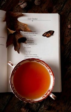 an open book with arabic writing next to a cup of tea