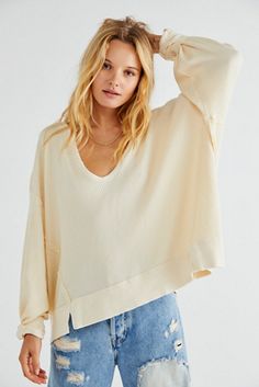 Buttercup Thermal | Free People Perfect Live, Oversized Clothes, Exaggerated Sleeves, Thermal Top, Waffle Knit Top, Thermal Long Sleeve, Santa Clara, Sweatshirt Designs, Knit Cotton