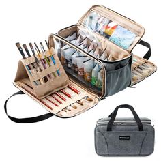 an open bag with art supplies in it and the inside is filled with watercolors