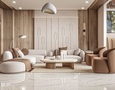 a modern living room with white and brown furniture in the center, wood paneling on the walls