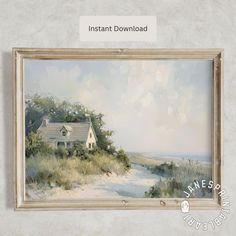 an image of a painting hanging on the wall above it's frame and below it is a white house with a red roof