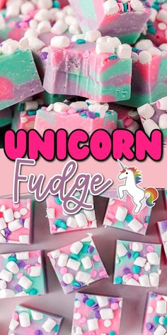 unicorn fudge soap bars with marshmallows on top and text overlay that reads, unicorn fudge