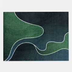 an abstract rug with wavy lines in green, blue and black colors on a white background