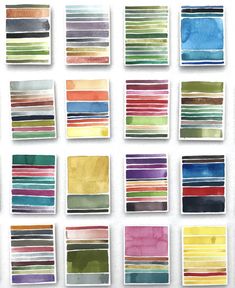 watercolor swatches are arranged in rows on a white background, each with different colors