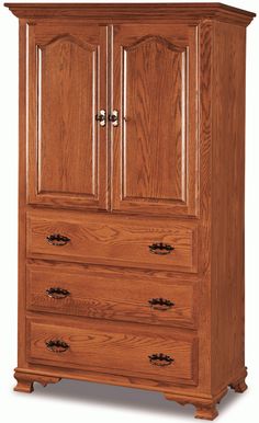 a wooden armoire with two drawers on one side and three doors on the other