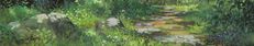 a painting of a path in the woods with rocks and grass on both sides, surrounded by tall grasses