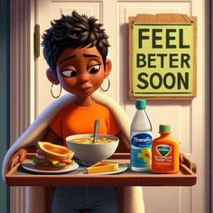 a cartoon character holding a tray with food on it and an orange juice bottle in front of him