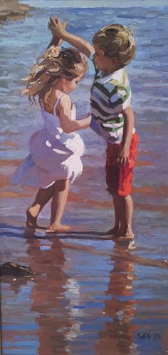 two young children playing in the water at the beach with their arms around each other