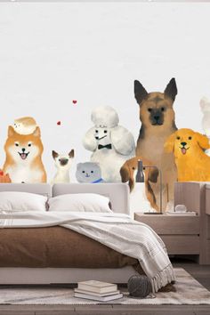 a bed room with a neatly made bed and many different colored dogs on the wall