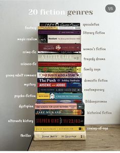 a stack of books sitting on top of a wooden table next to a white wall