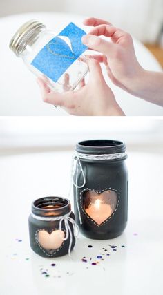 two mason jars with candles inside and the words chalkboard mason jar valentine's day