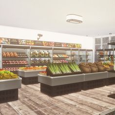 an artist's rendering of a grocery store filled with fruits and veggies