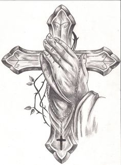 a drawing of a person holding a cross with their hands on the cross and praying