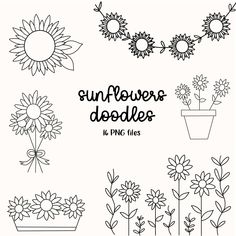 sunflowers doodles coloring page with flowers in pots and plants on the side