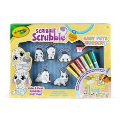 the crayon scribble scrubable toy set includes four dogs and one cat