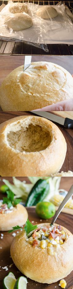 the process of making bread is shown in three different stages, including being sliced and baked