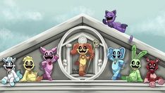 five cartoon characters are standing in front of a house