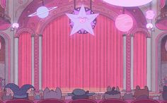 an animated theater with people sitting in chairs and looking at the stars on the ceiling