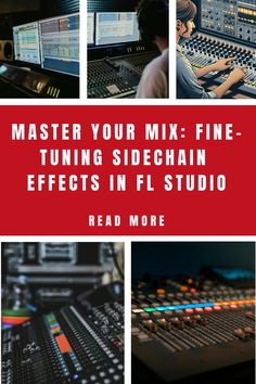 Audio engineers working on mixing consoles with the text "Master Your Mix: Fine-Tuning Sidechain Effects in FL Studio". How To Set Up, How To Use, Read More