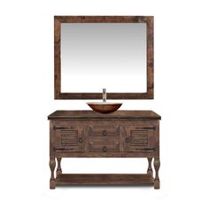 a bathroom vanity with a mirror above it and a bowl on the sink in front of it