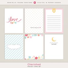 four different cards with the words cherished in pink, blue and white flowers on them