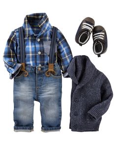 He'll look handsome in OshKosh denim, suspenders and plaid. Top it off with a shawl collar for an authentic little-man look! How To Look Handsome, Kids Clothes Boys, Baby Outfits, Toddler Girl Outfits, Fashion Mode, Costume Halloween, Toddler Fashion, Future Baby