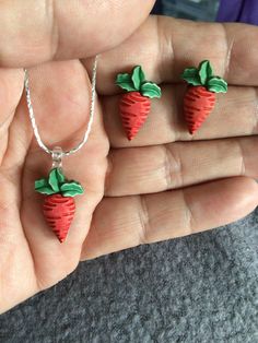 (7083) Carrot Necklace and Earrings  Made from polymer clay, <7/8" x 1/2". Earrings on stainless steel posts. Necklace is on 18" sterling silver chain. Carrot Necklace, 2 Earrings, Jewellery Sets, Necklace And Earrings, Sterling Silver Chain, Sterling Silver Chains, Jewelry Sets, Silver Chain, Carrots