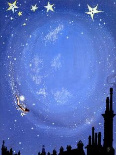 a painting of a girl flying in the sky with stars above her head and buildings below