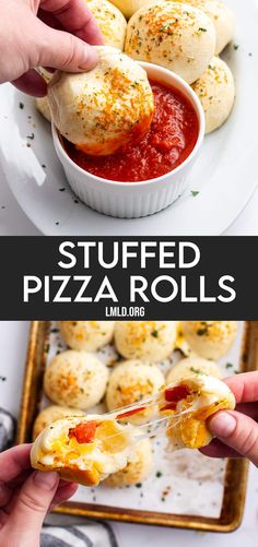 stuffed pizza rolls with tomato sauce and cheese on top are being held up to the camera