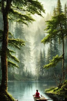 a person sitting in a boat on a lake surrounded by trees