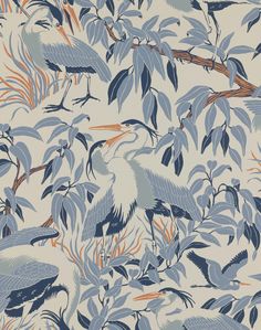 a wallpaper with birds and leaves in blue, orange, and white color scheme