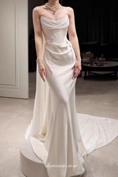 White Gown Satin, Sleek Vintage Wedding Dress, Long Satin Wedding Dress, Silk Flowy Wedding Dress, Silk Off The Shoulder Wedding Dress, Wedding Dresses Form Fitting, Korean Wedding Dress Elegant, Raw Silk Wedding Dress, Simple Long White Dress