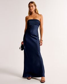 Women's The A&F Emerson Strapless Slim Maxi Dress | Women's Dresses & Jumpsuits | Abercrombie.com Barristers Ball Law School Dress, Navy Strapless Dress, Formal Dresses Maxi, Abercrombie And Fitch Dress, Dark Color Prom Dresses, Navy Blue Outfits For Women, Navy Blue Dress Outfit Wedding, Tight Formal Dress, Navy Formal Dresses