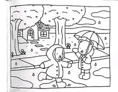 a drawing of two children playing in the rain with an umbrella and teddy bear holding hands