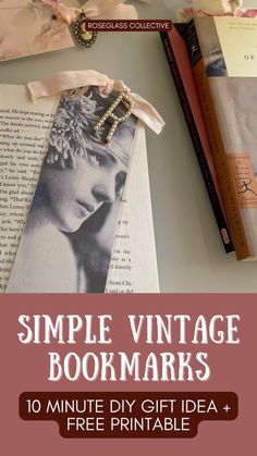 a bookmark with the words simple vintage books on it and an image of a woman's face