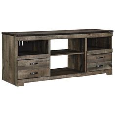 the entertainment center is made from wood and has drawers