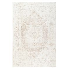 a beige and white rug with an ornate design on the bottom, in front of a white background