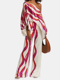 Urban Wide Leg Loose Printed Off-The-Shoulder Blouses  & Casual Pants Two Pieces Set ROSE RED-S Batwing Sleeve Top, Wide Leg Pant Suit, Afrikaanse Mode, Romper Jumpsuit, Pantalon Large, Suit Fashion, Off Shoulder Tops, Botswana, Casual Blouse