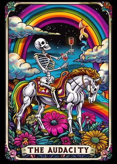 a skeleton riding on the back of a horse with a glass of wine in its hand