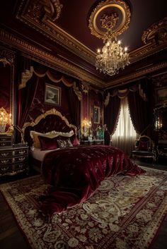 an ornate bedroom with red velvet bedding, chandelier and large carpeted area