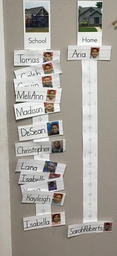 a bulletin board with pictures and name tags attached to the back of it that says homes