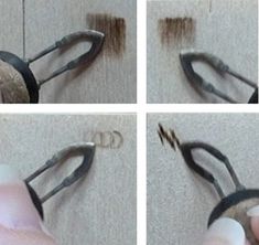 four pictures showing how to cut hair with scissors