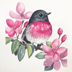 a watercolor painting of a bird on a branch with pink flowers