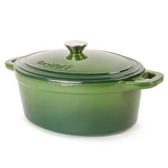 a green casserole dish with a lid