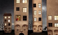 three tall buildings with faces on them in front of a full moon and tree filled sky