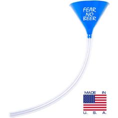 a blue funnel shaped object with the words fear no beer on it and an american flag