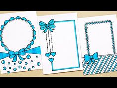 three cards with bows and hearts on them, one has a blue ribbon around the corner