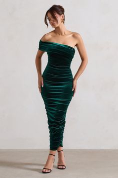 Remember Me | Bottle Green Velvet One Shoulder Midi Dress One Shoulder Midi Dress, Asymmetric Dress, Asymmetric Neckline, Party Dress Long Sleeve, Remember Me, Black Sequin Dress, Black Velvet Dress, Rich Green, Guest Dress