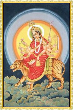 a painting of the hindu god sitting on top of a tiger