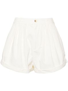 salt white cotton poplin texture pleat detailing button fly fastening turn-up hem thigh-length Cotton Bottoms With Pleated Waist In Short Length, Cotton Bottoms With Pleated Waist And Short Length, White Bottoms With Pleated Hem In Short Length, White Pleated Hem Bottoms In Short Length, Cotton Bottoms With Pleated Hem For Daywear, Chic White Bottoms With Button Cuffs, White Pleated Short Length Bottoms, Classic White Shorts For Daywear, Summer White Bottoms With Pleated Hem